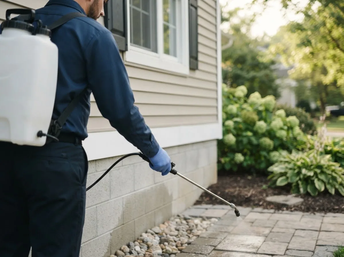 Pest control technician inspecting a home in Davenport, NY